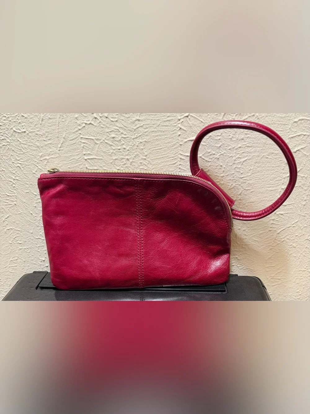 Stylish Red Leather HOBO Wristlet Clutch with Floral Embossing